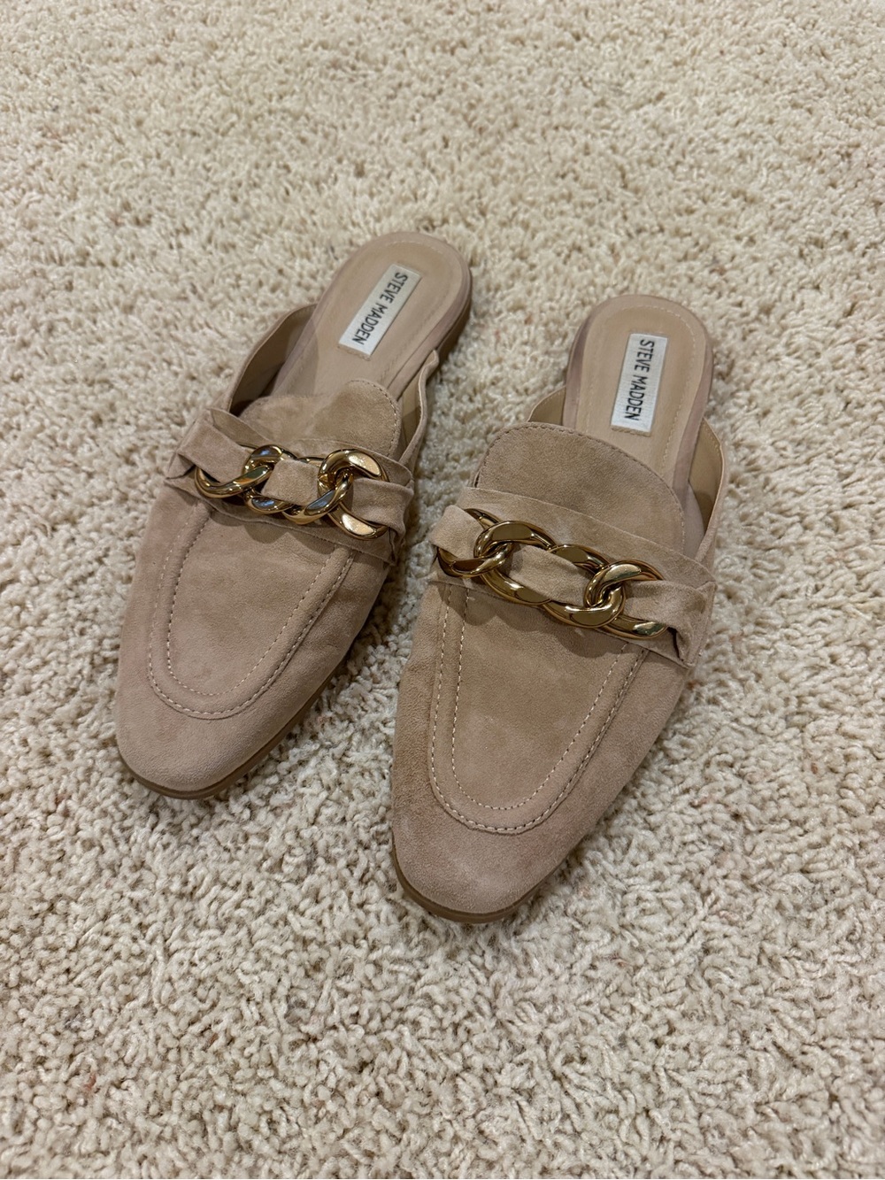 Steve Madden Taupe Suede Chain-Detail Slip-On Mules